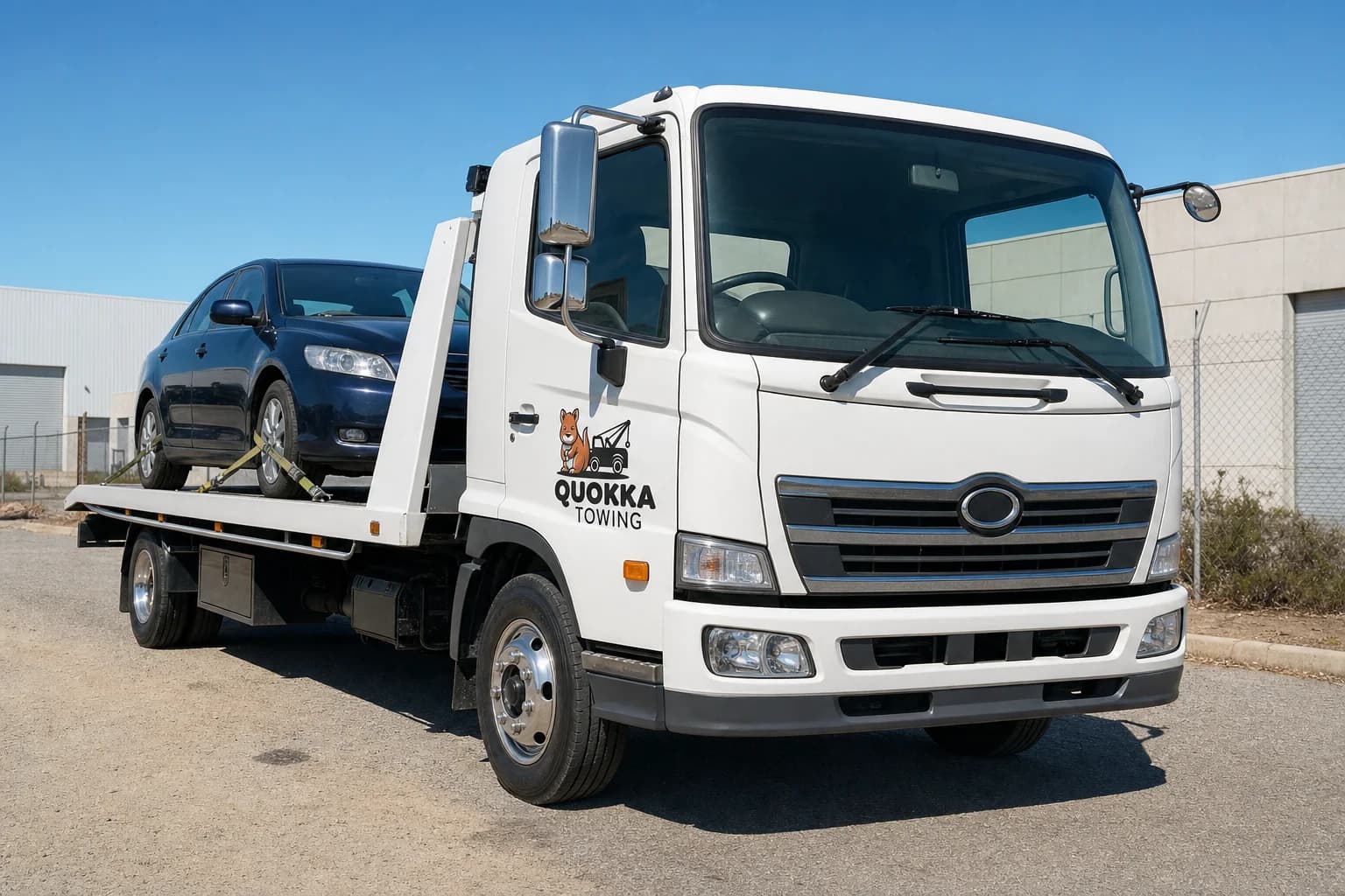 Quokka Towing tilt tray with a sedan loaded, parked in a Perth yard